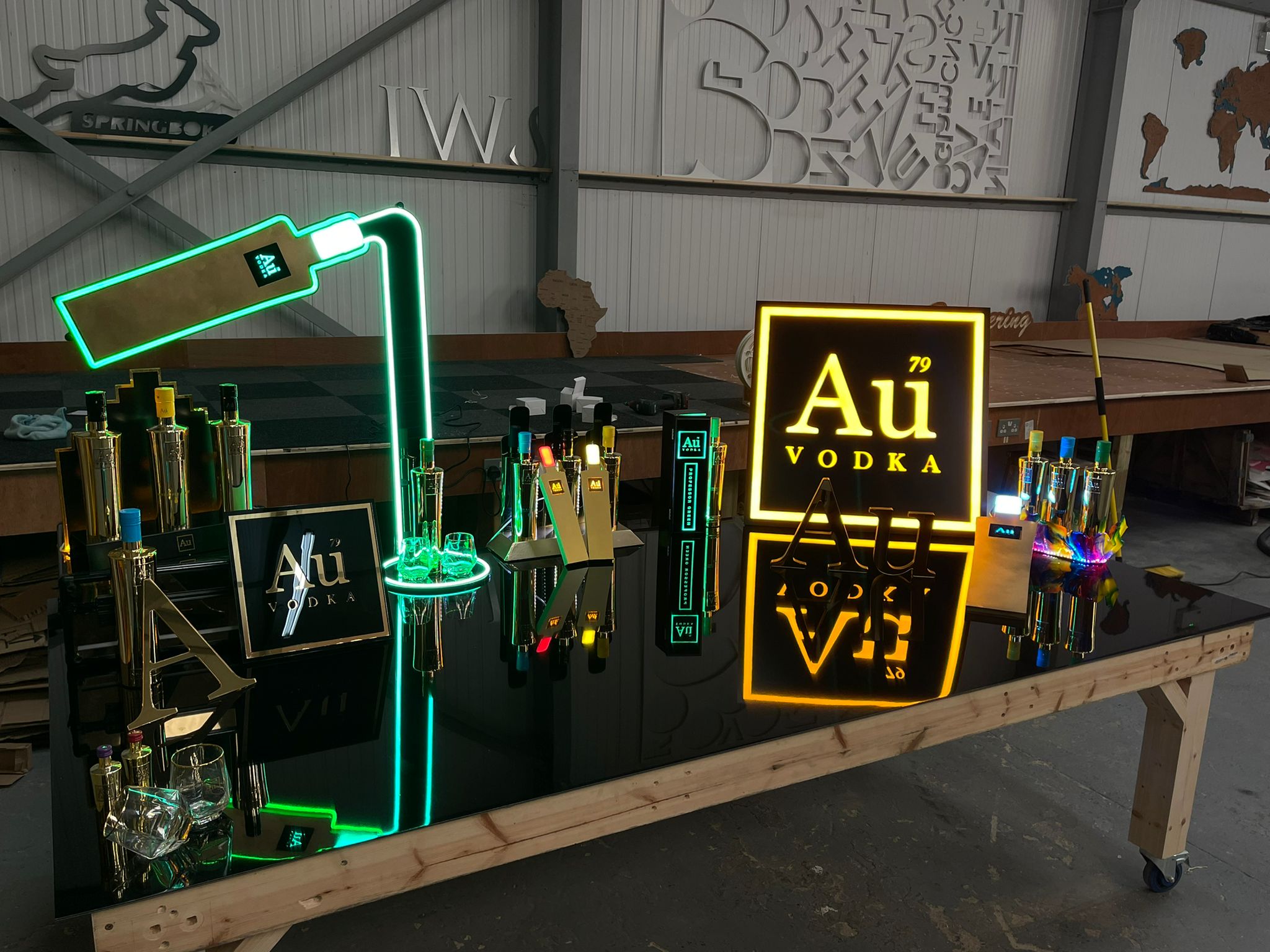 Au Vodka POS display with neon and illuminated signs