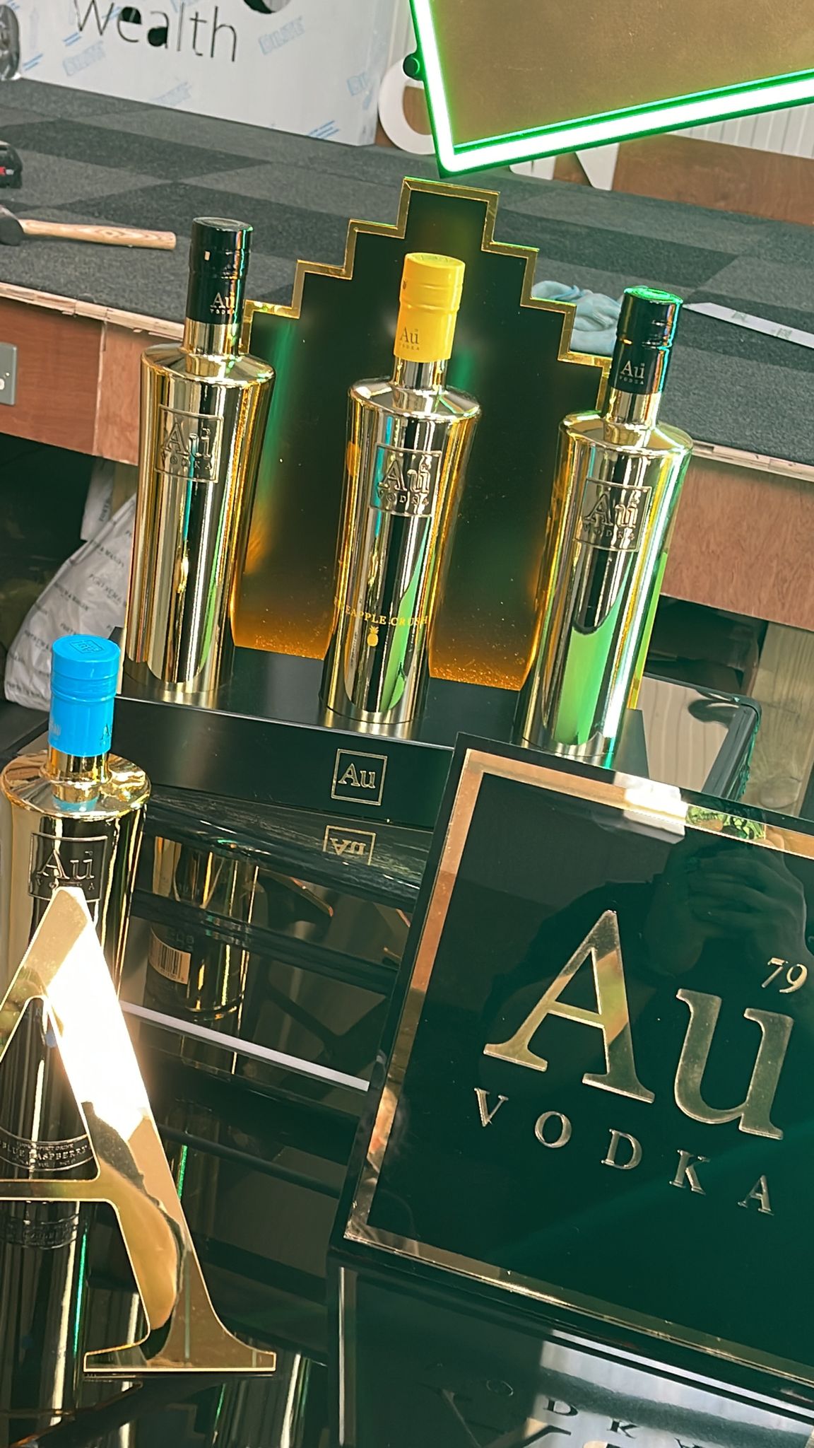Au Vodka illuminated bottle prop detail