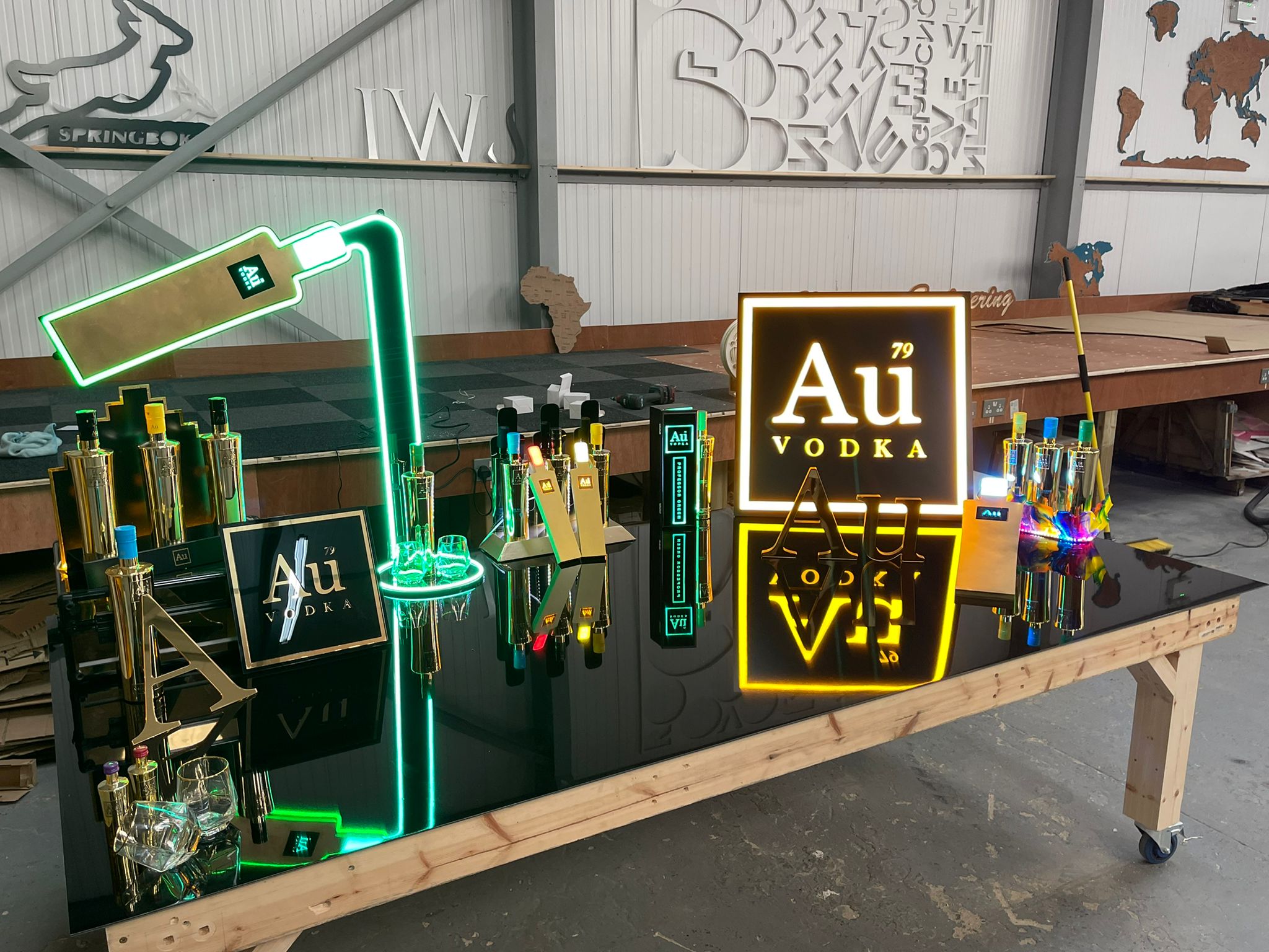 Au Vodka full POS display in workshop