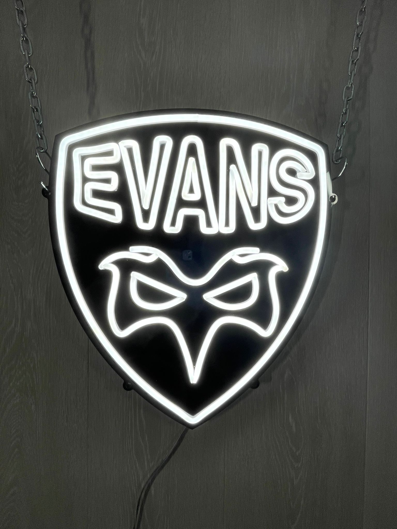 Evans shield-shaped white neon