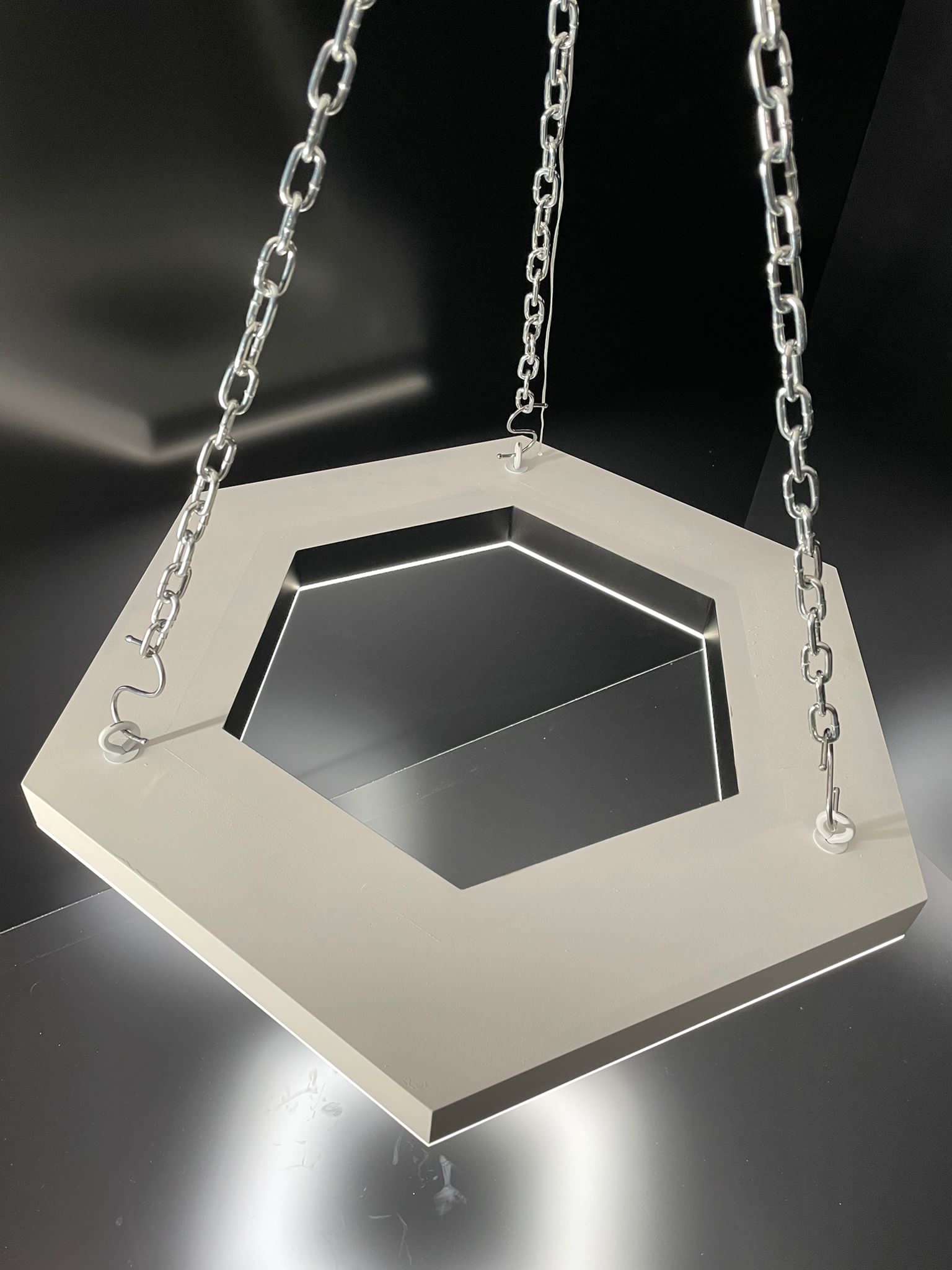 Brushed-stainless hexagonal pendant sign unlit