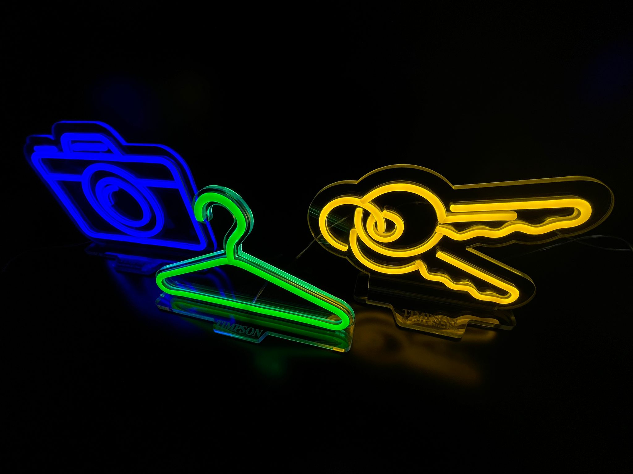 Timpson camera, hanger and keys neon trio
