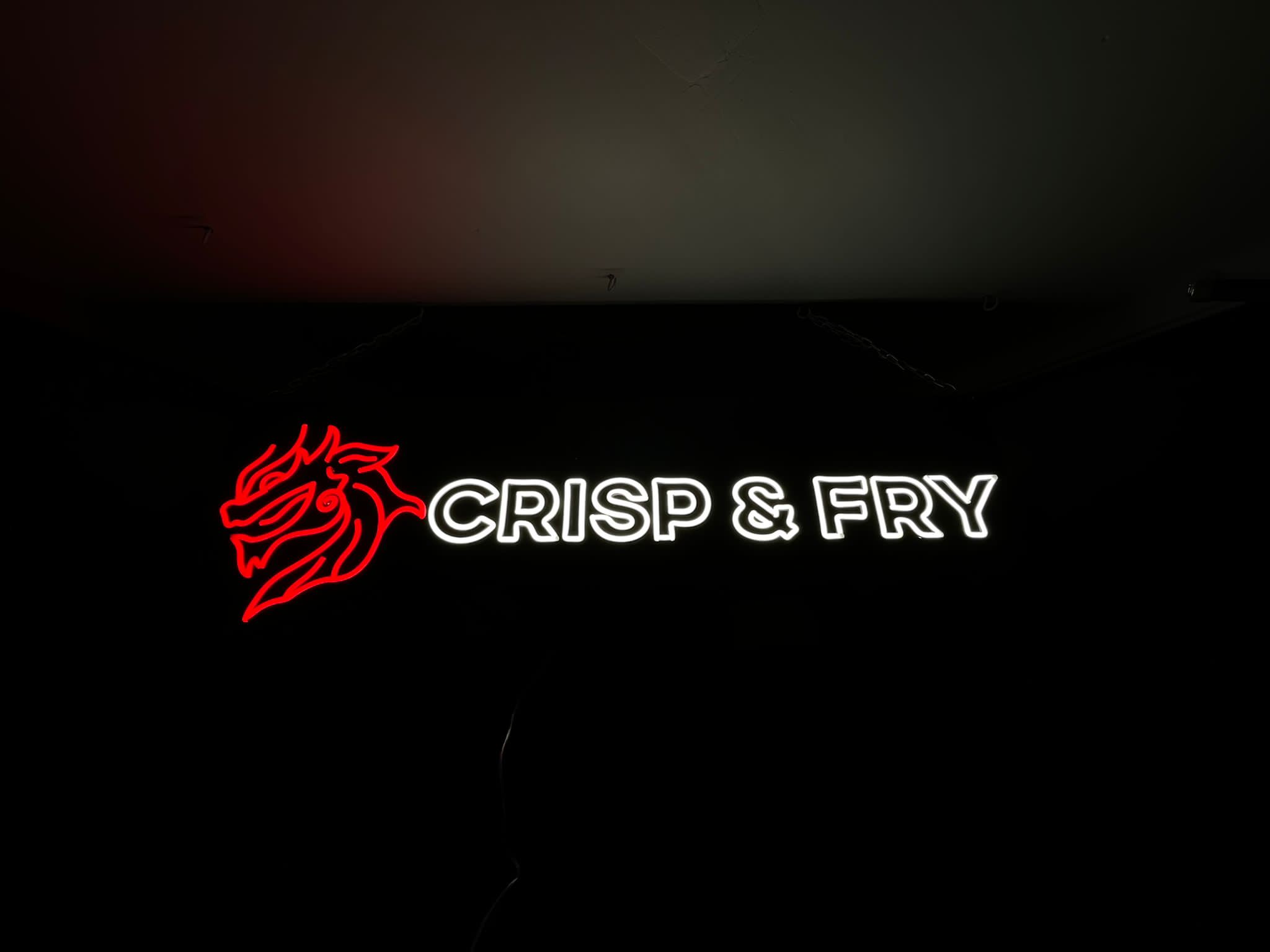 Crisp & Fry red dragon and white text neon