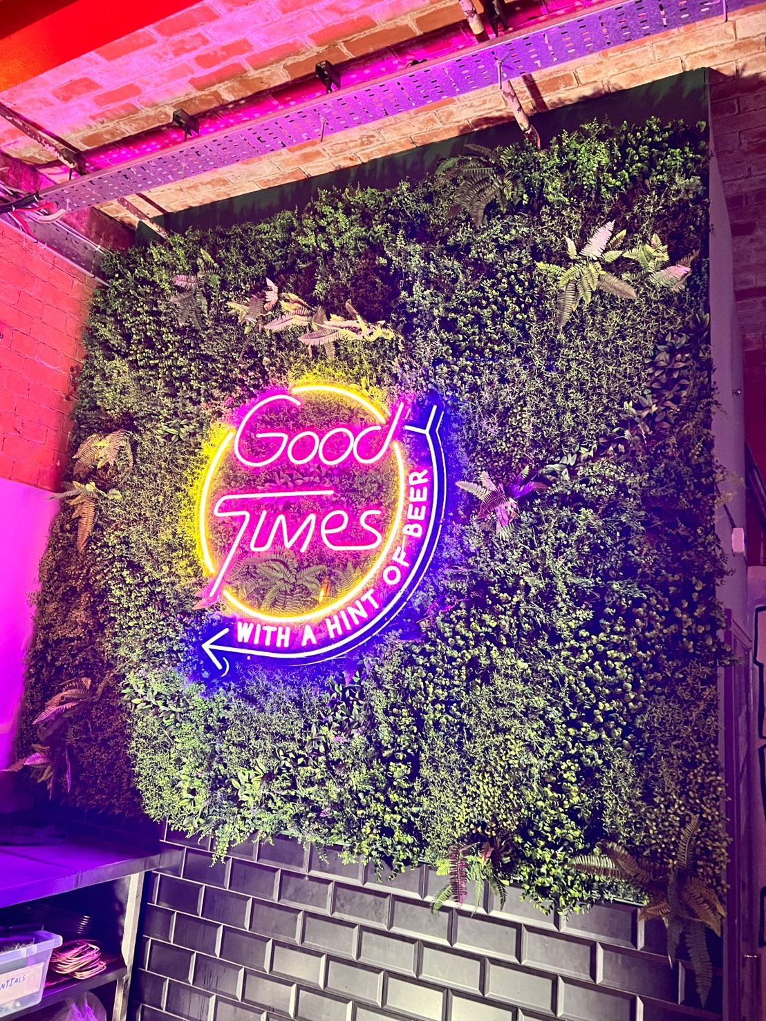 Good Times with a hint of beer neon on plant wall