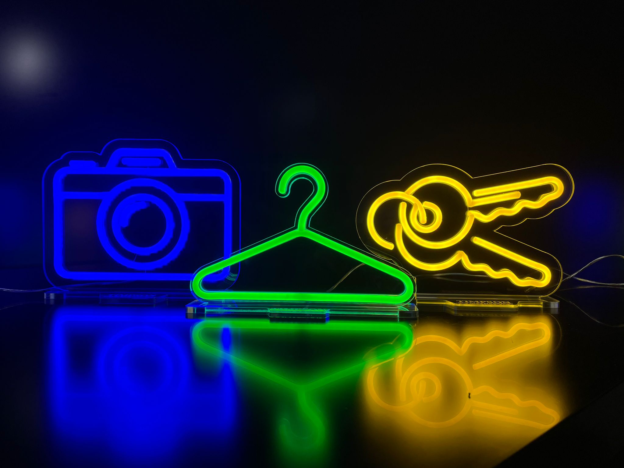 Timpson camera, hanger and keys neon trio
