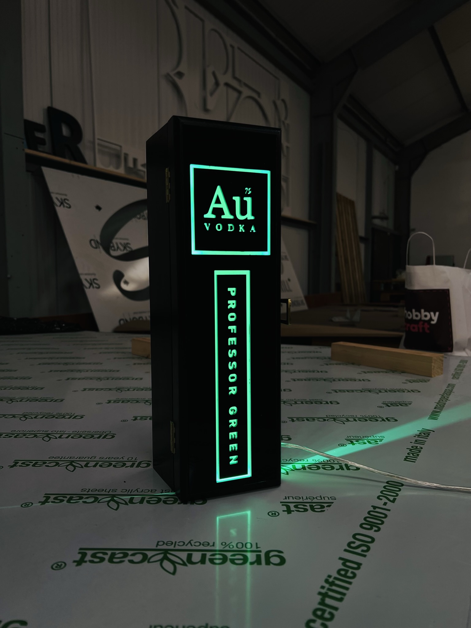 Au Vodka Professor Green illuminated bottle prop in workshop