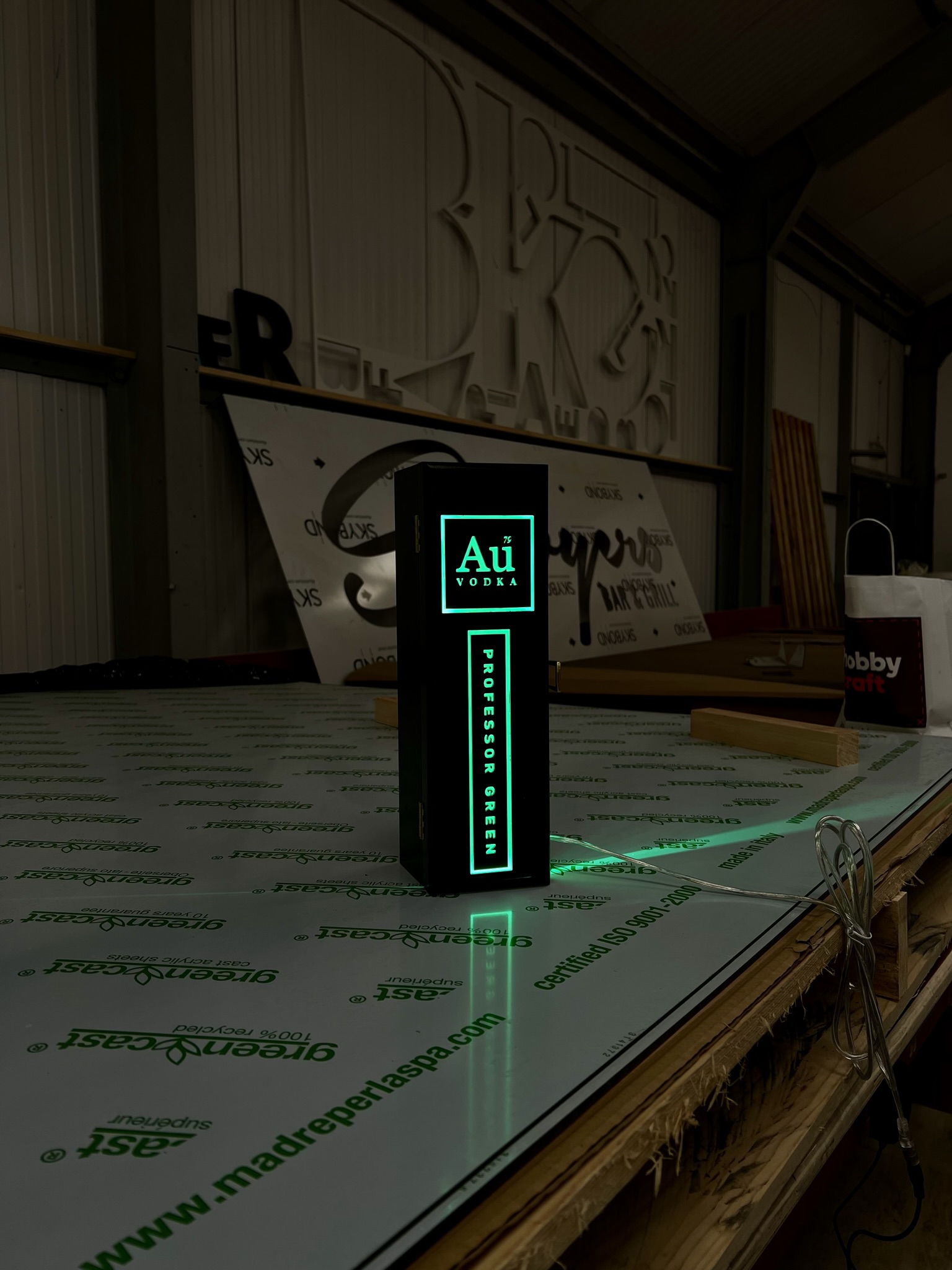 Au Vodka Professor Green illuminated prop in workshop
