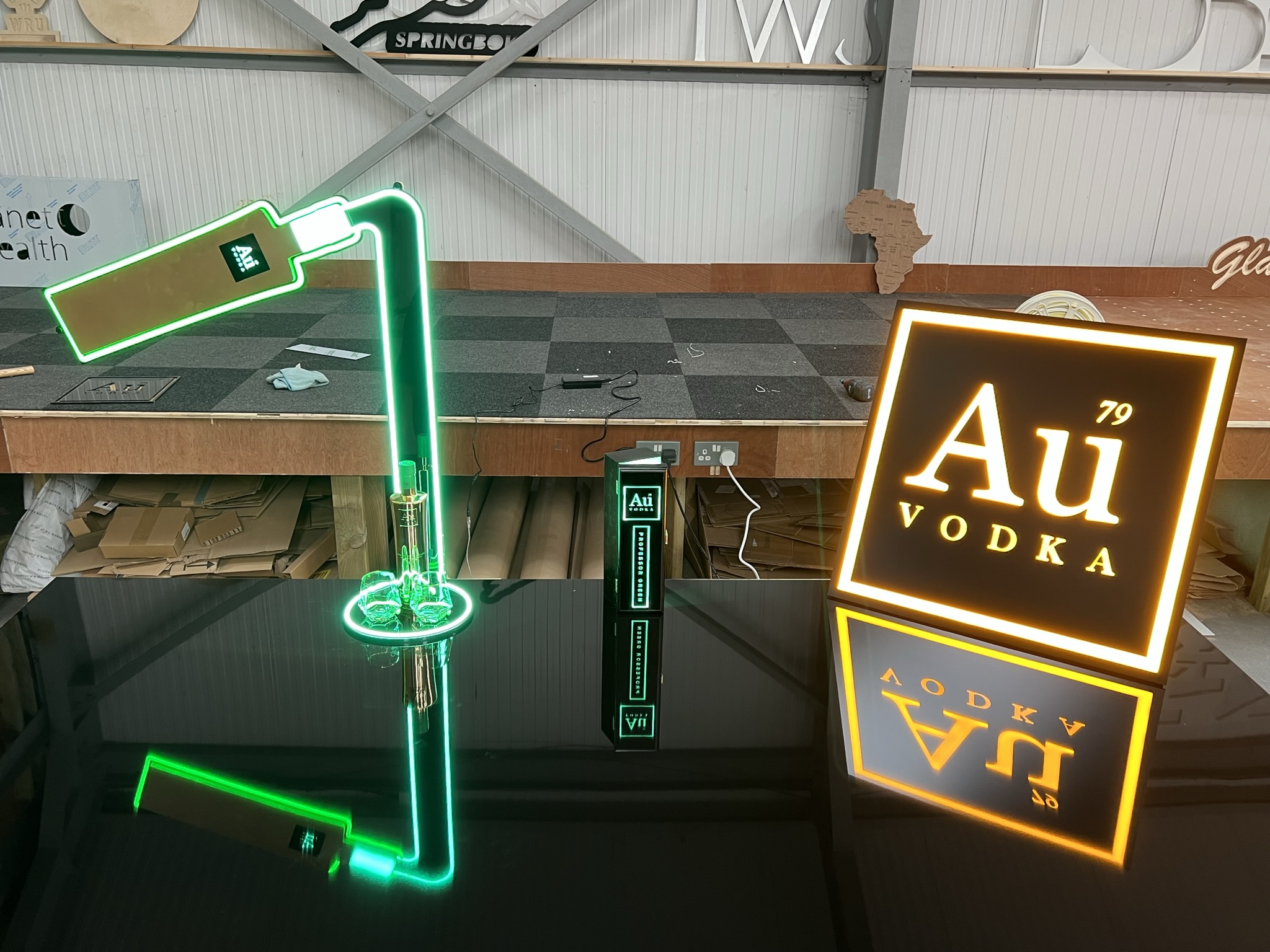 Au Vodka full POS display with neon and illuminated logos