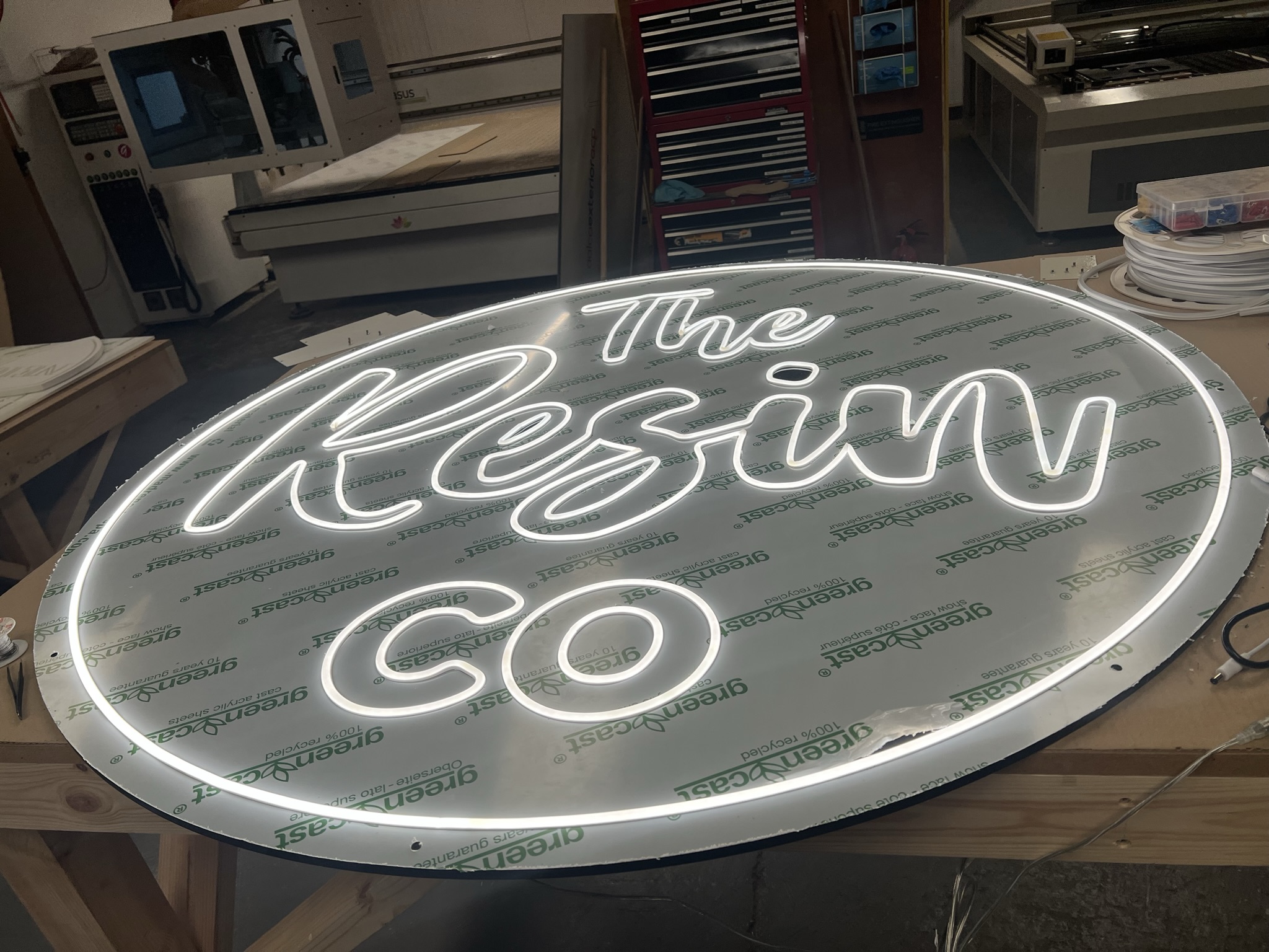 The Resin Co finished neon on workshop bench