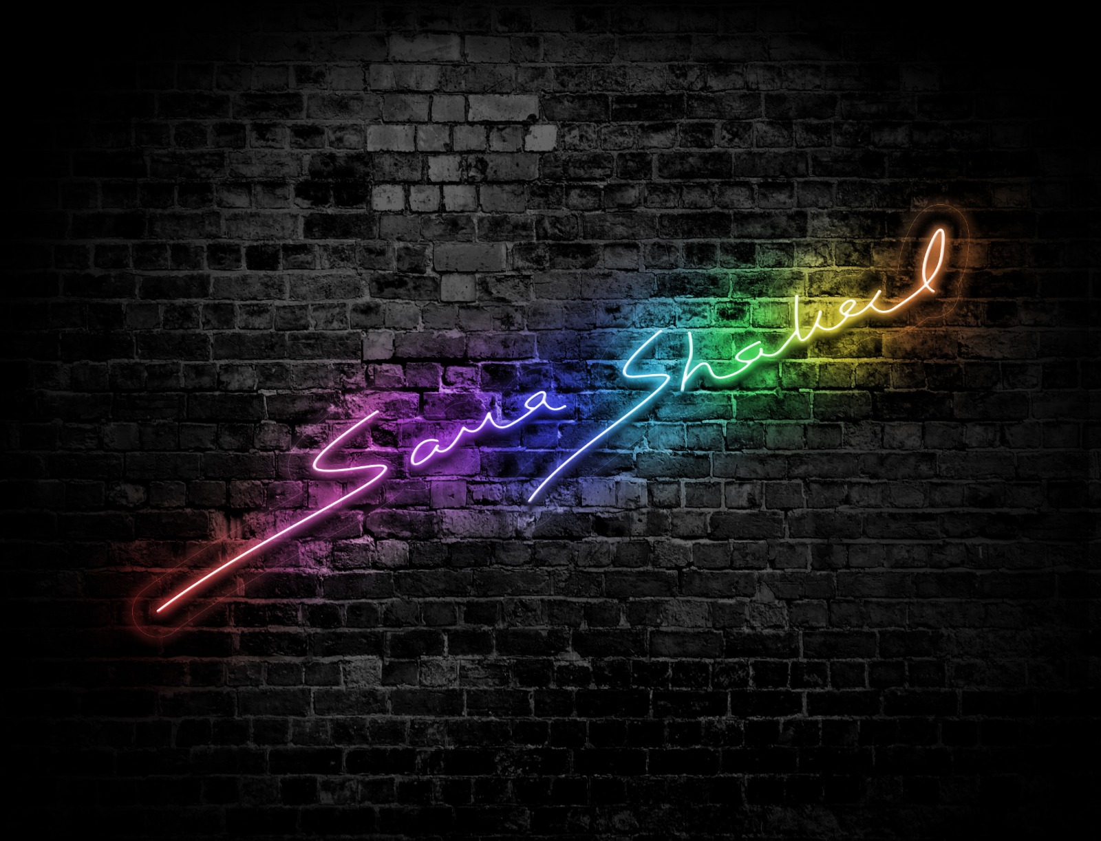 Sania Shaheel rainbow signature neon on brick wall