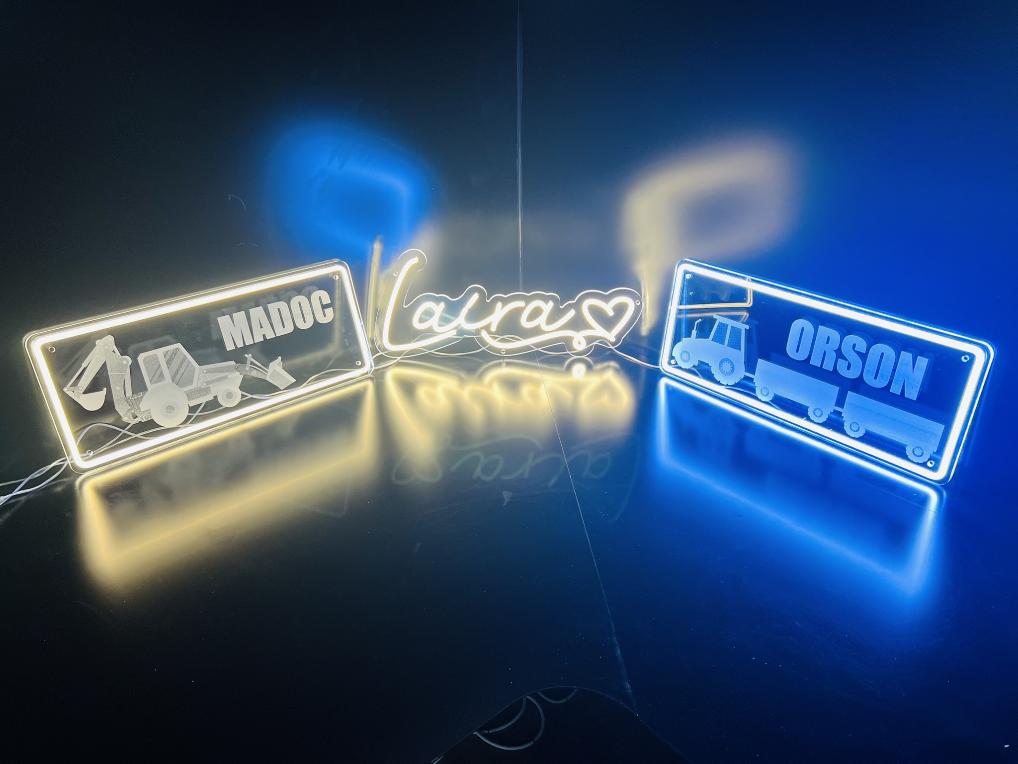 Madoc, Laura and Orson personalised name plate neons
