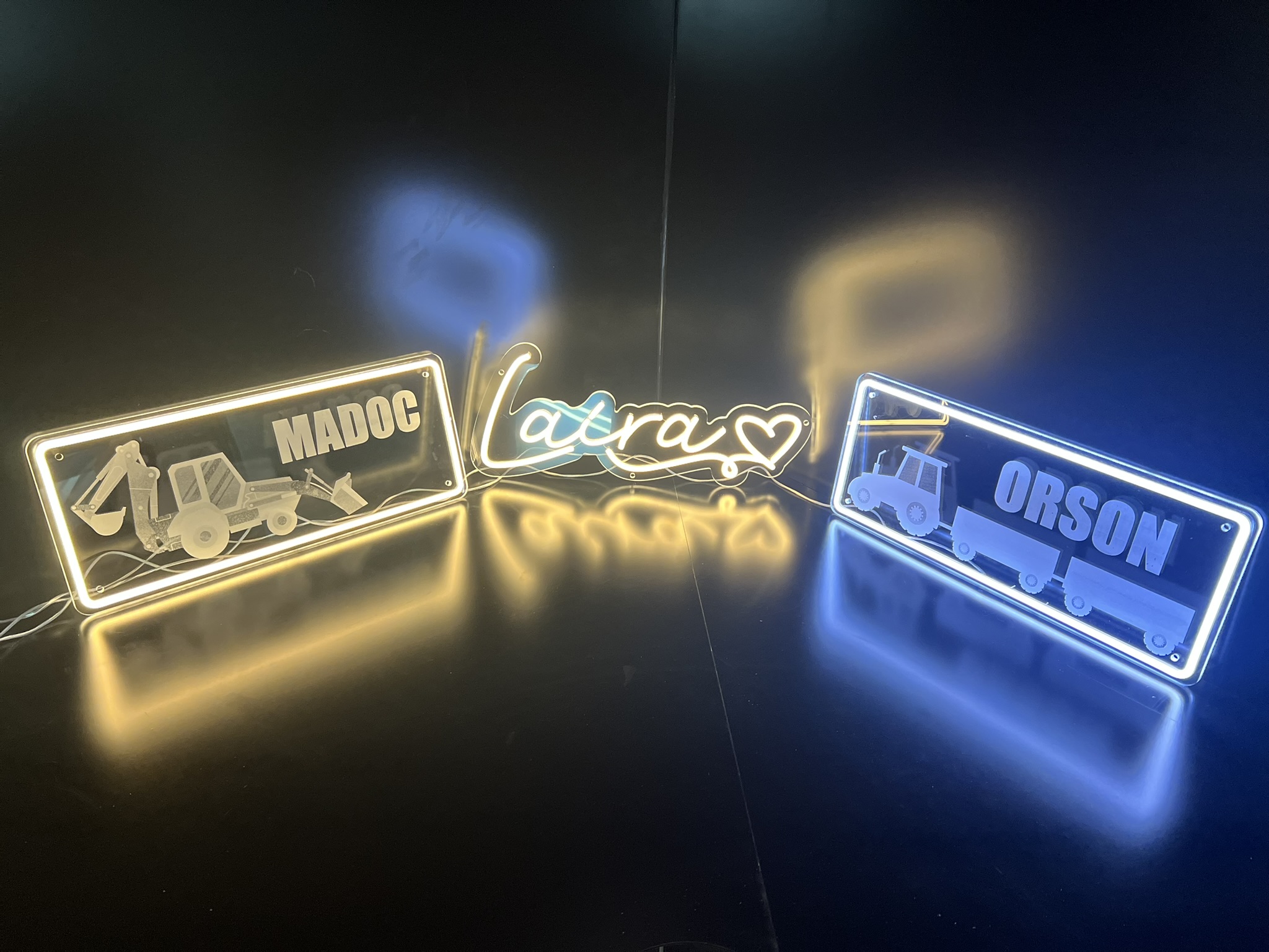 Madoc, Laura and Orson personalised name plate neons