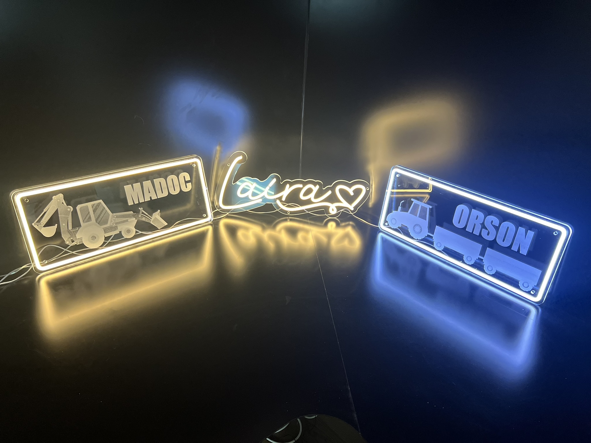 Madoc, Laura and Orson personalised name plate neons