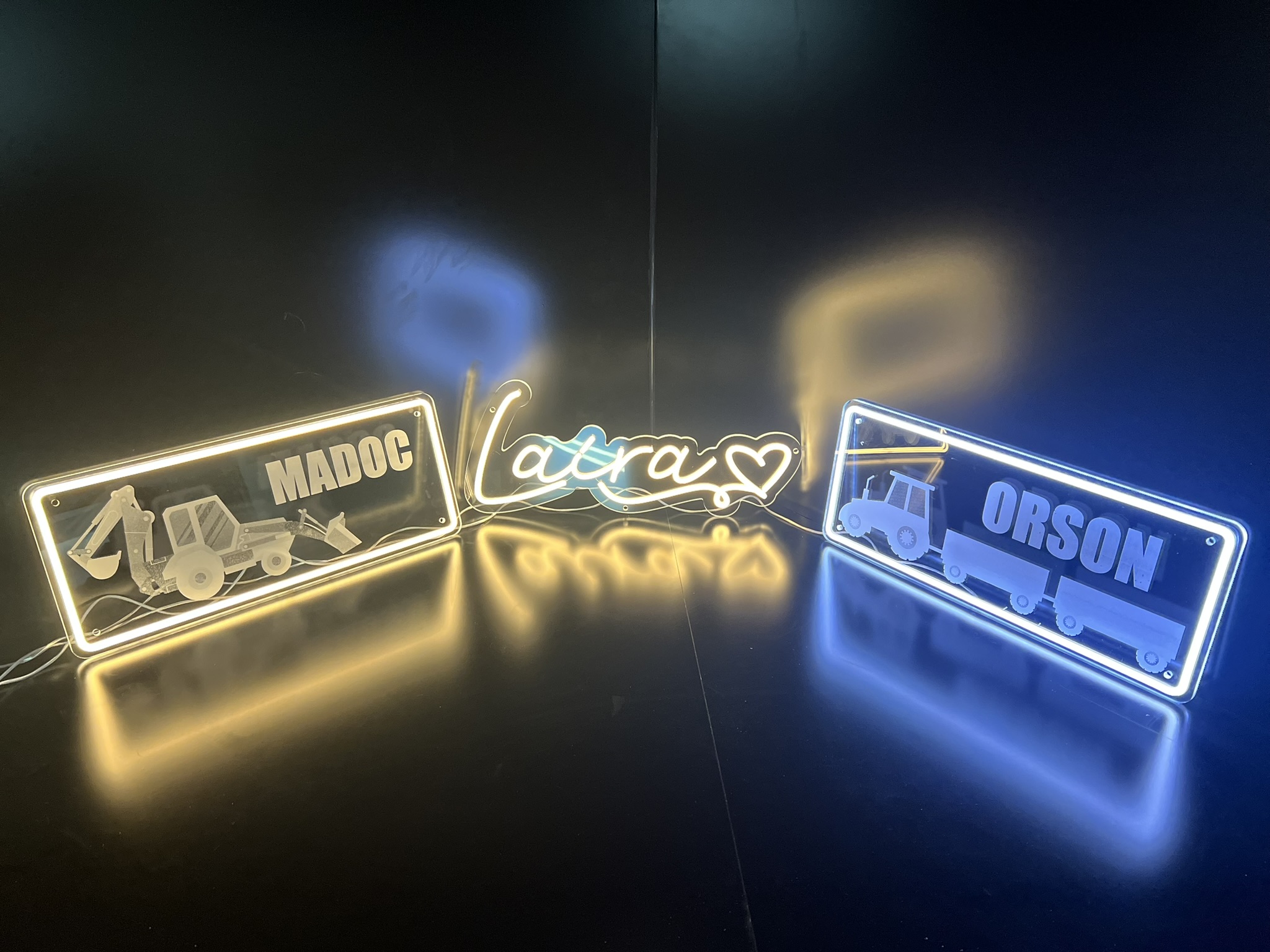 Madoc, Laura and Orson personalised name plate neons