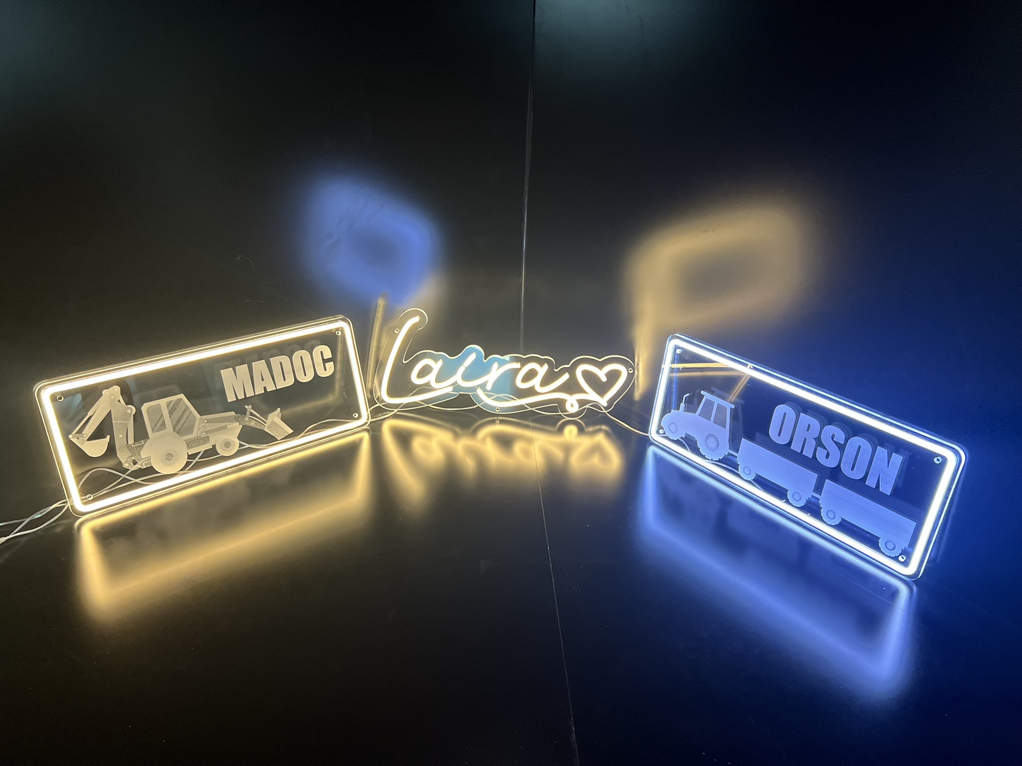 Madoc, Laura and Orson personalised name plate neons