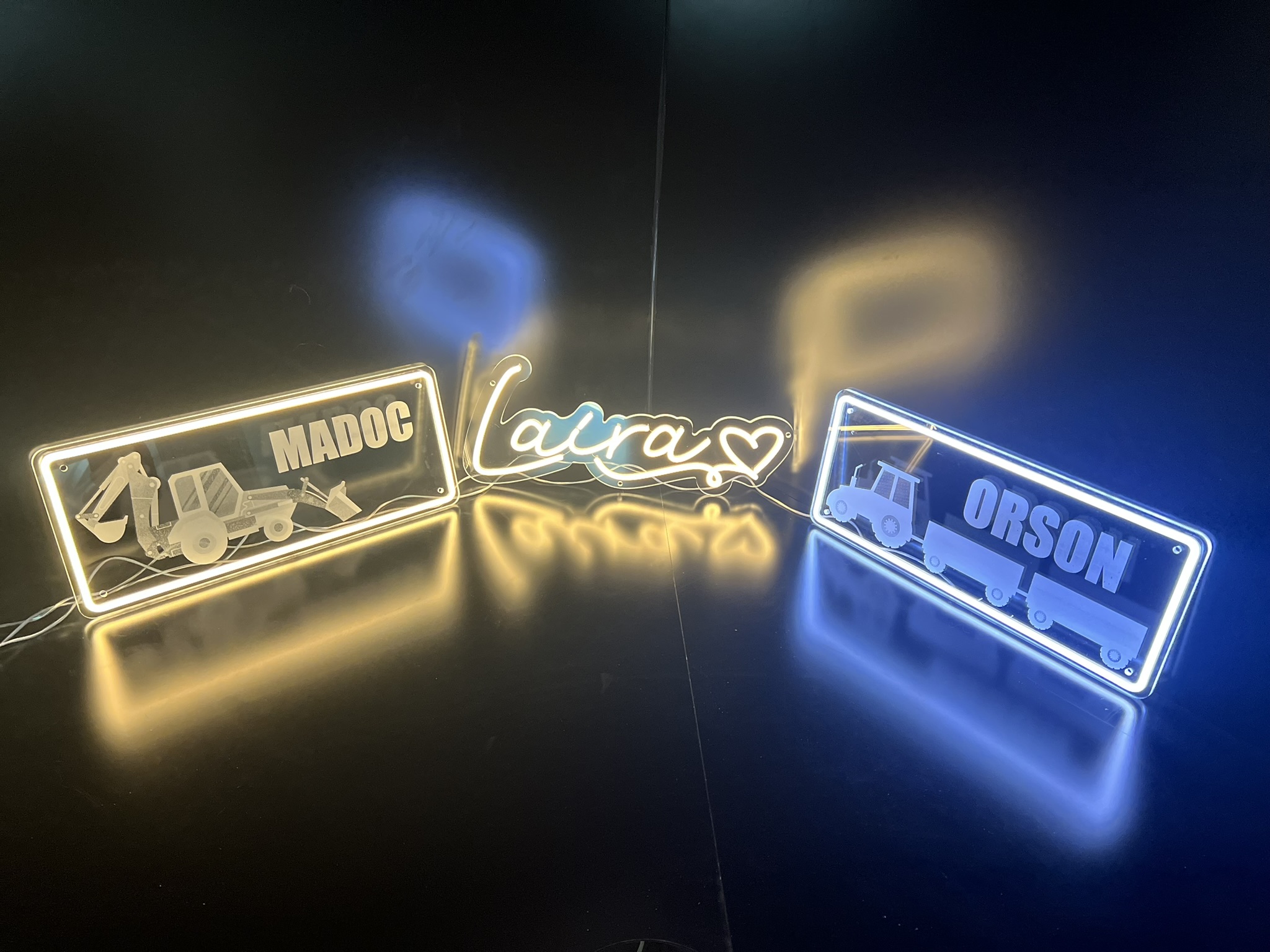 Madoc, Laura and Orson personalised name plate neons